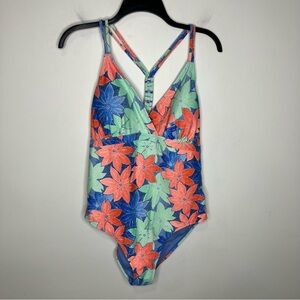 Eddie‎ Bauer one piece swimsuit v-neck women's size XL floral orange green blue